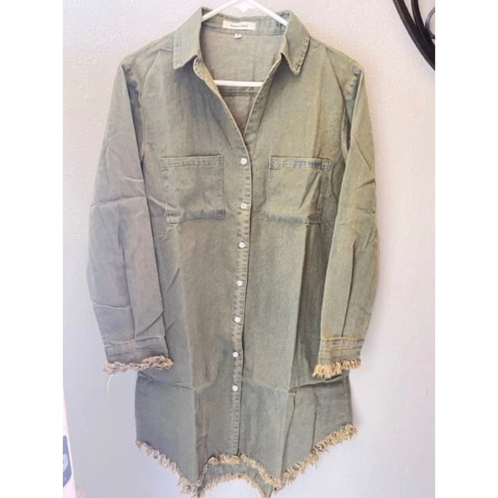 Olive Green Frayed Fringe Hem Button Down Denim Shirt Dress Medium